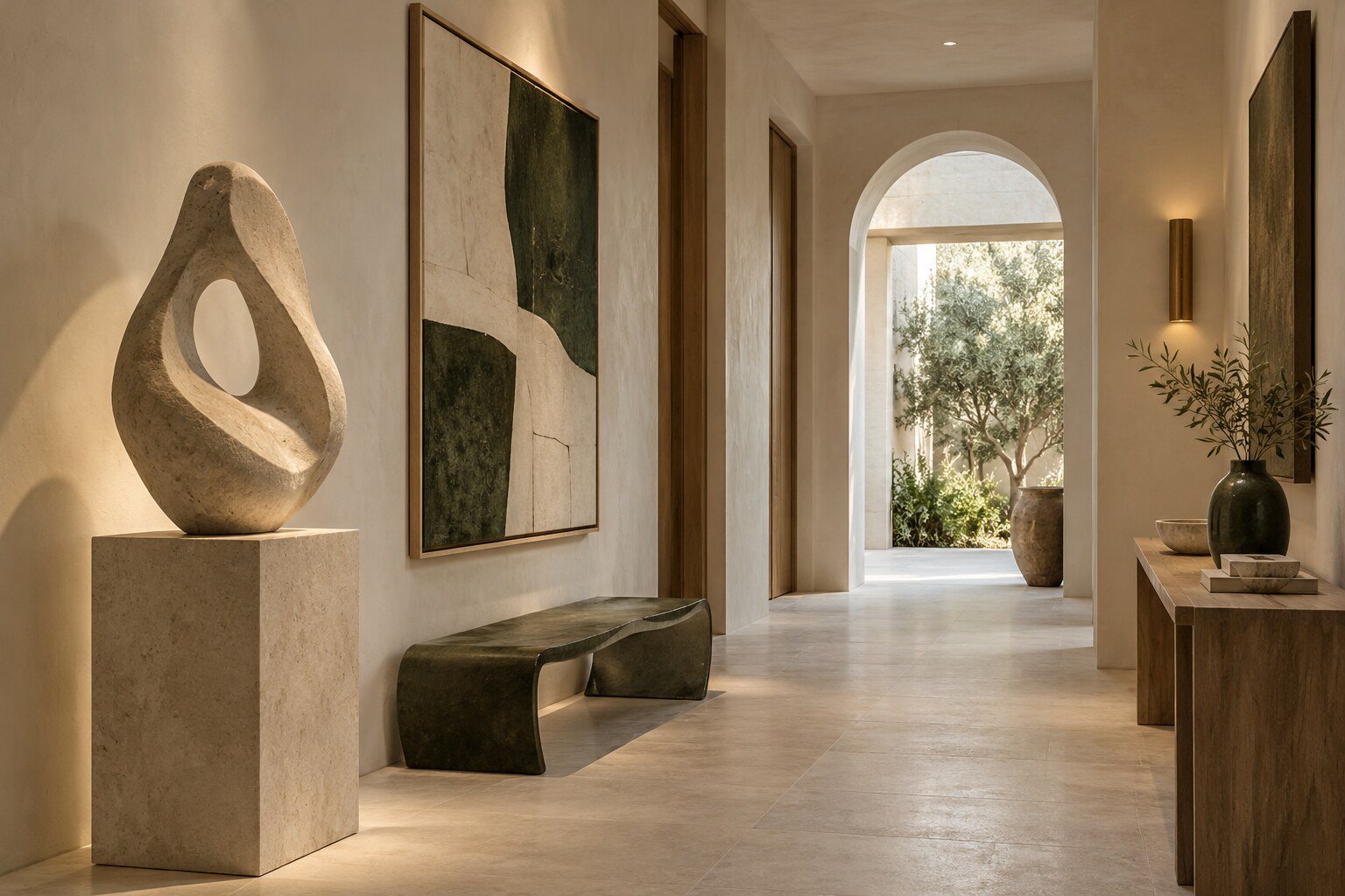 Selección y colocación de arte y escultura en un interior mediterráneo