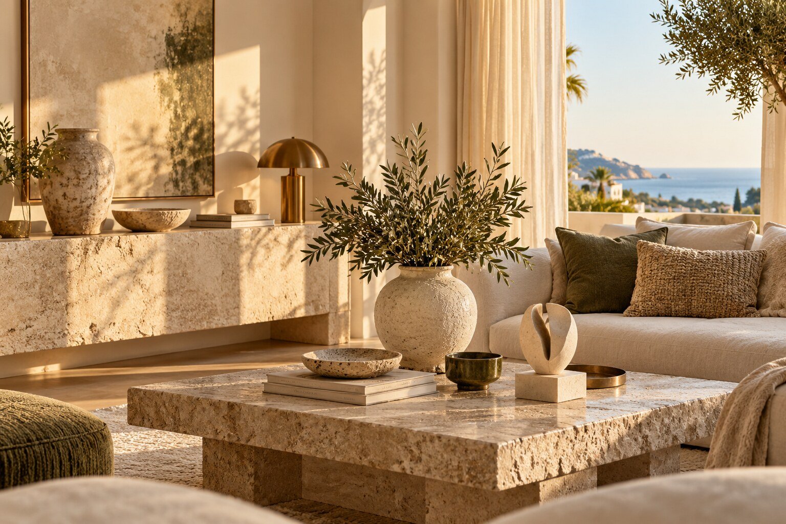 Decoración residencial mediterránea con objetos escultóricos y textiles naturales