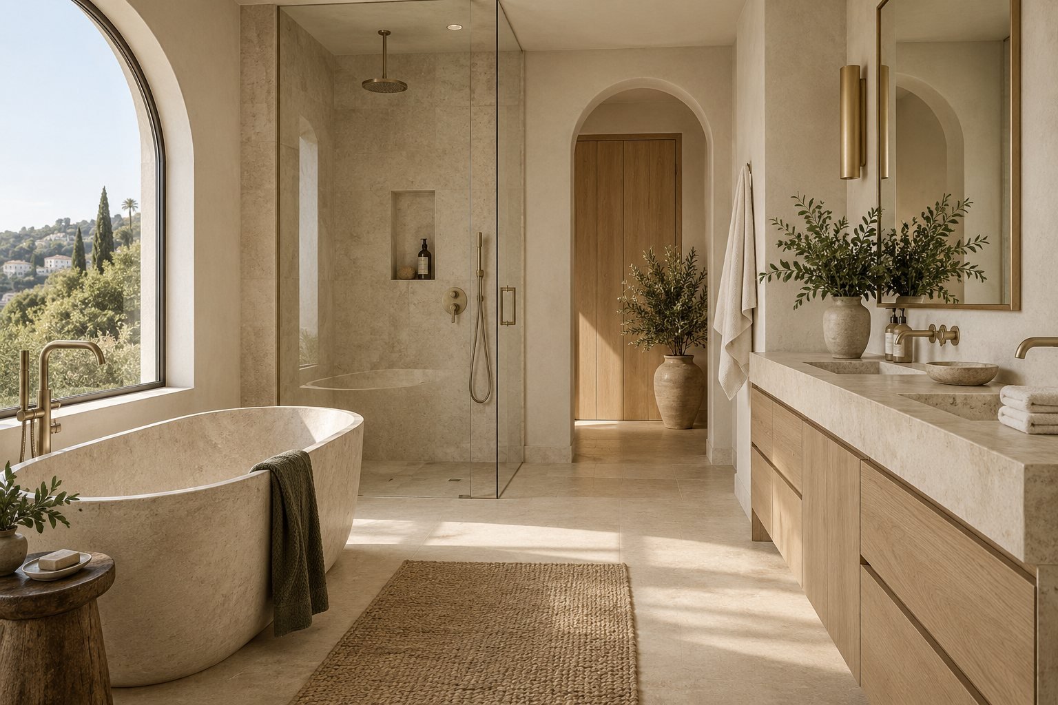 Baño residencial atemporal en piedra y madera