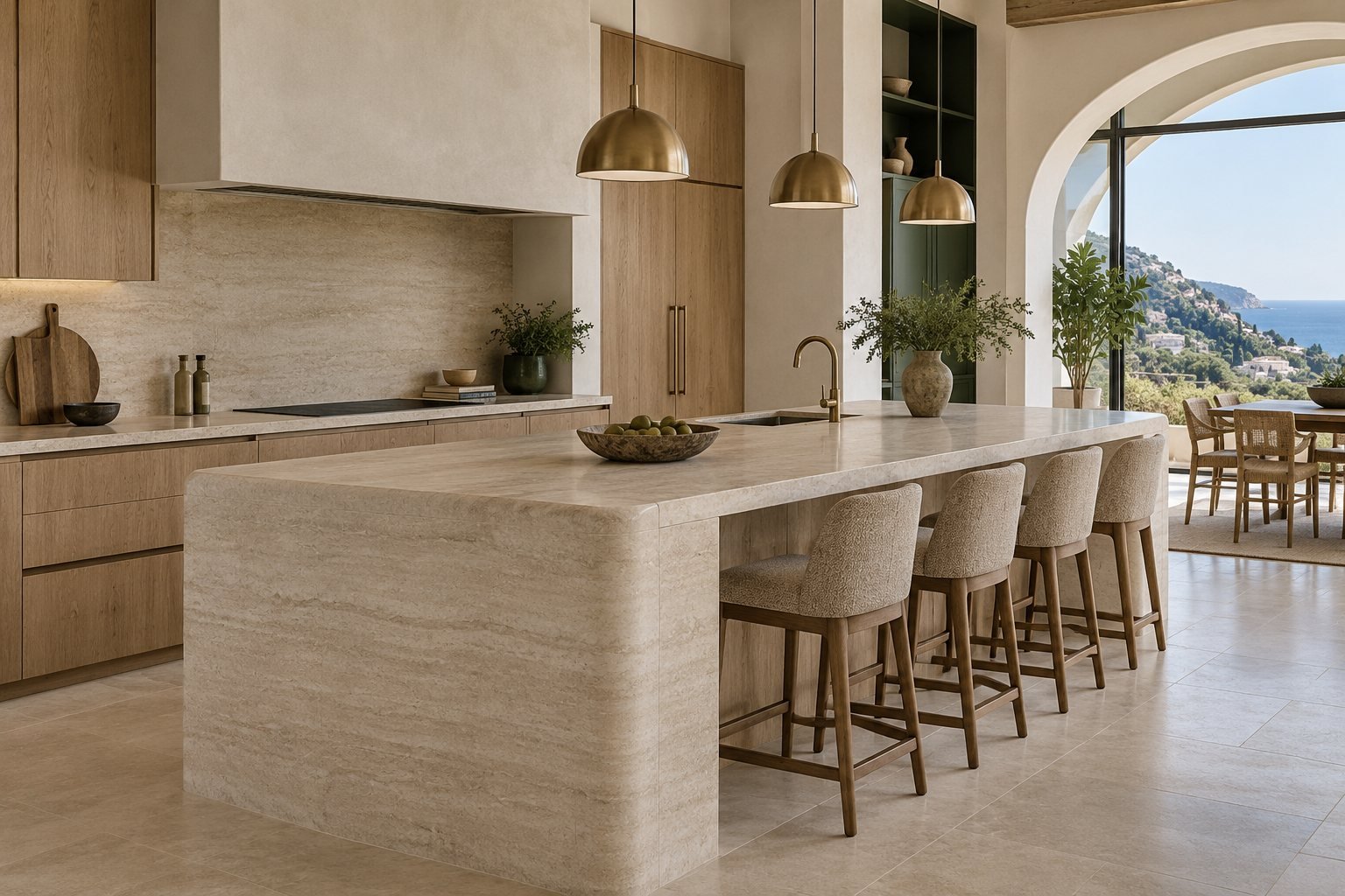 Cocina mediterránea contemporánea con isla de piedra