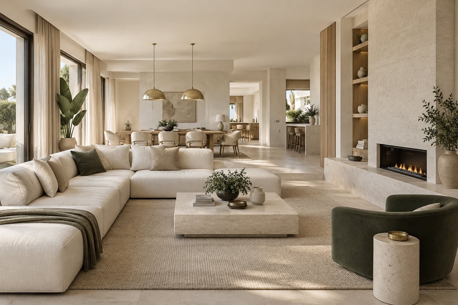 Salón contemporáneo mediterráneo en tonos marfil, piedra y verde oscuro