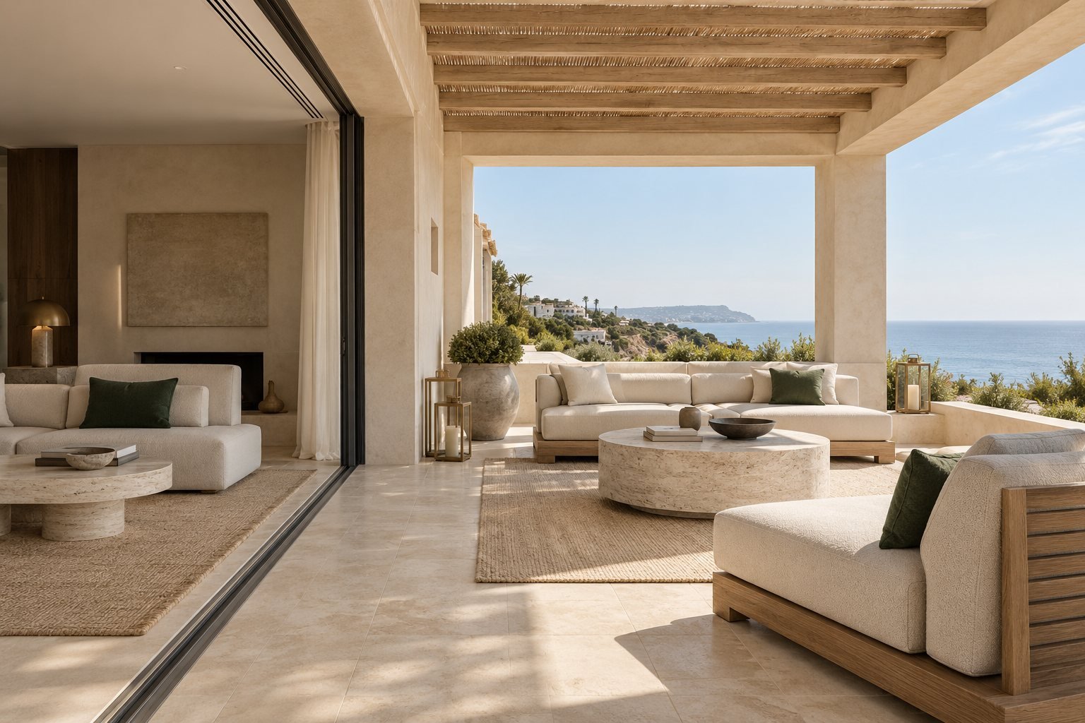 Terraza mediterránea elegante conectada con el interior